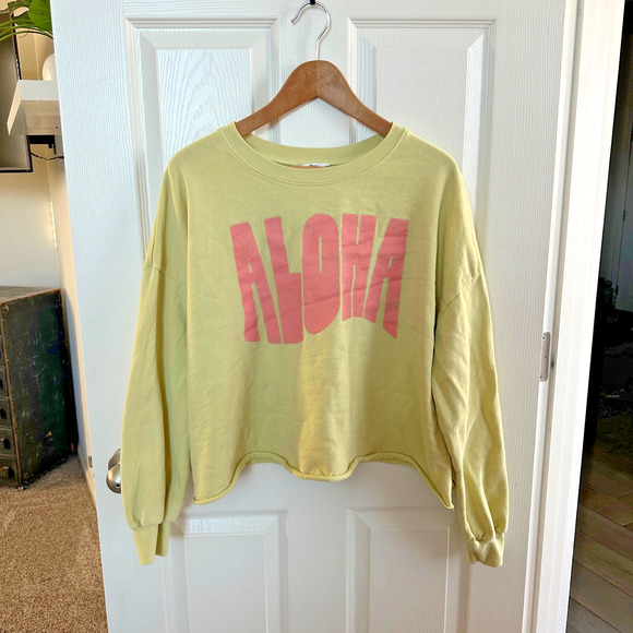 ascot & hart women's xl aloha sweatshirt yellow cropped crewneck pullover top - Picture 1 of 6